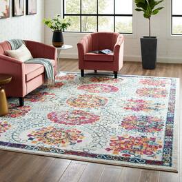 Modway - Entourage Kensie Distressed Floral Moroccan Trellis Area Rug - Ivory Blue Red Orange Yellow