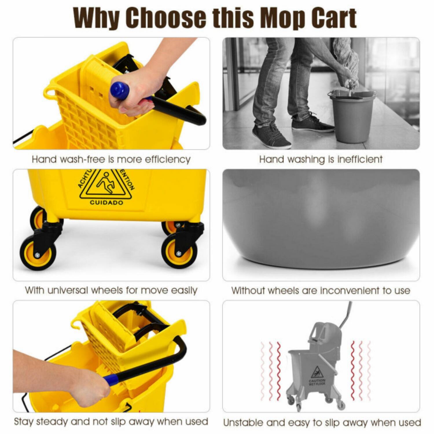 Why Choose this Mop Cart

- Hand wash-free is more efficient
- Hand washing is inefficient
- With universal wheels for easy movement
- Without wheels are inconvenient to use
- Stay steady and not slip away when used
- Unstable and easy to slip away when used