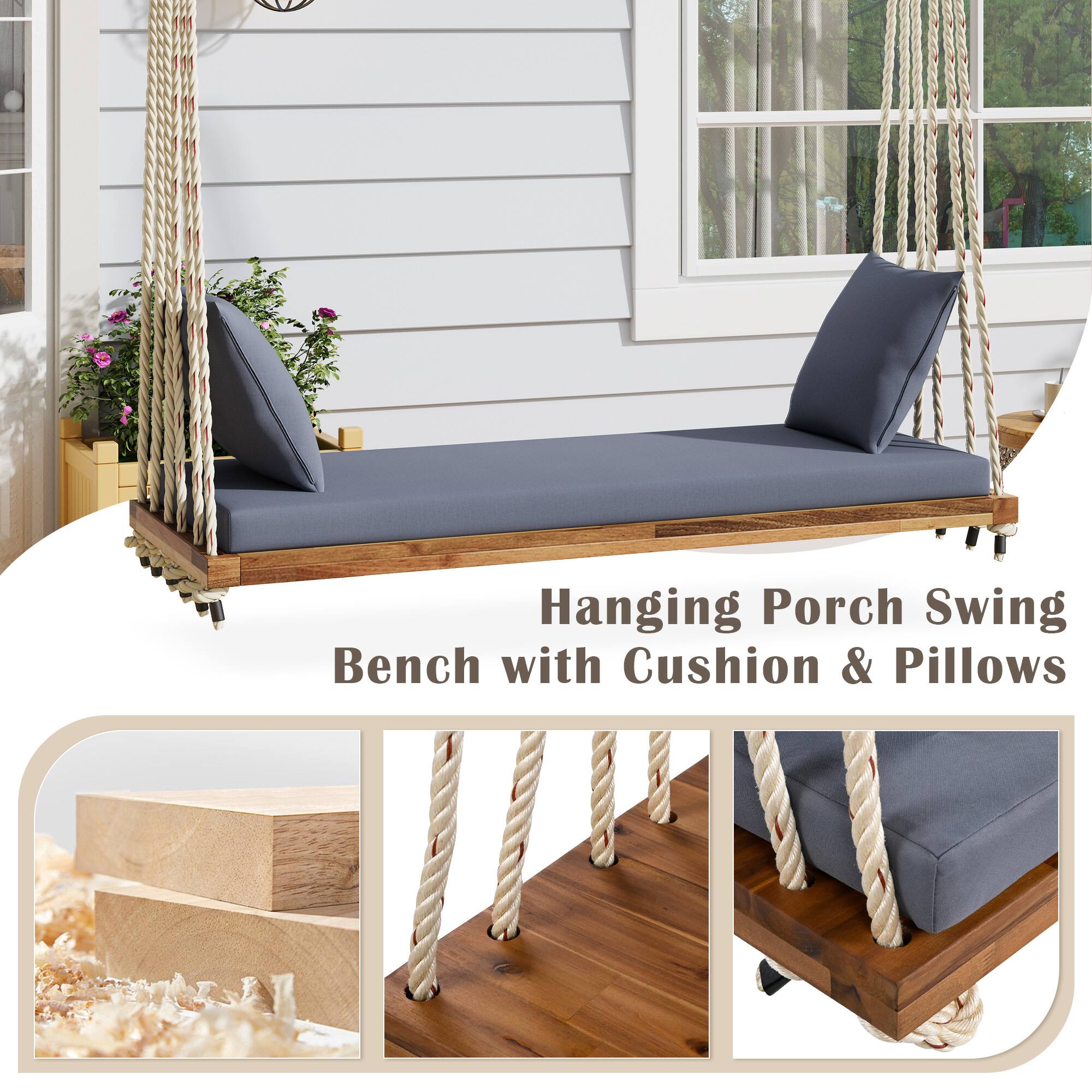 Hanging Porch Swing Bench with Cushion & Pillows