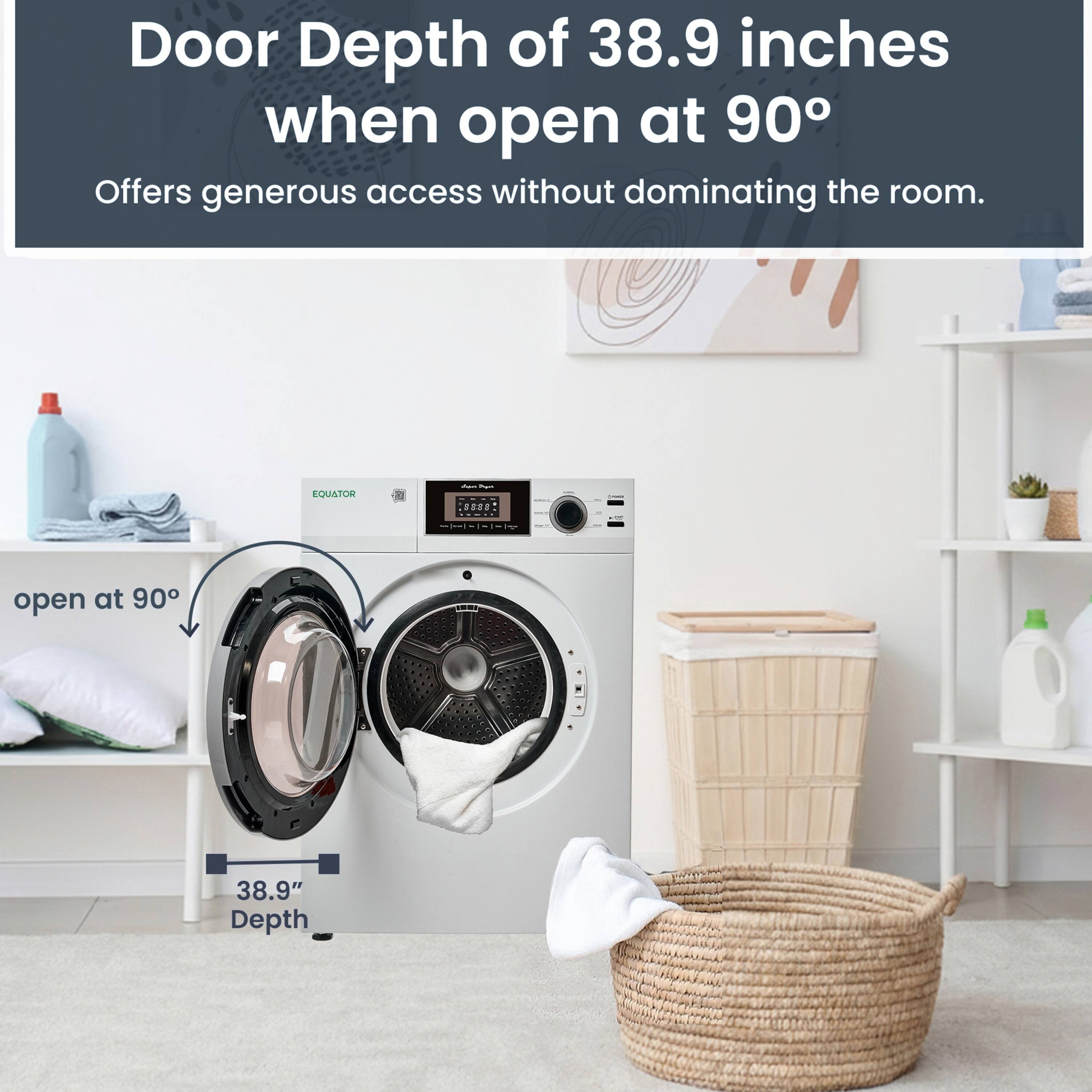 Door Depth of 38.9 inches when open at 90°  
Offers generous access without dominating the room.  

EQUATOR  
open at 90°  
38.9" Depth