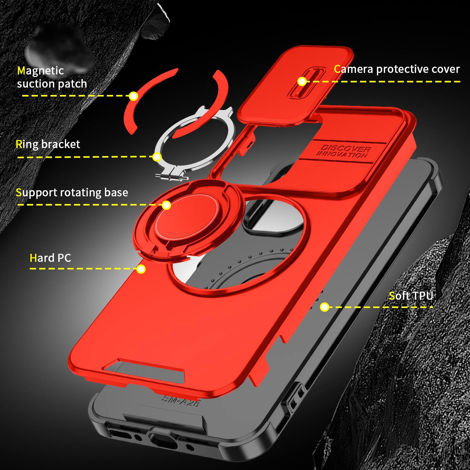 Magnetic suction patch  
Camera protective cover  
Ring bracket  
DISCOVER INNOVATION  
Support rotating base  
Hard PC  
Soft TPU  
SM-A26