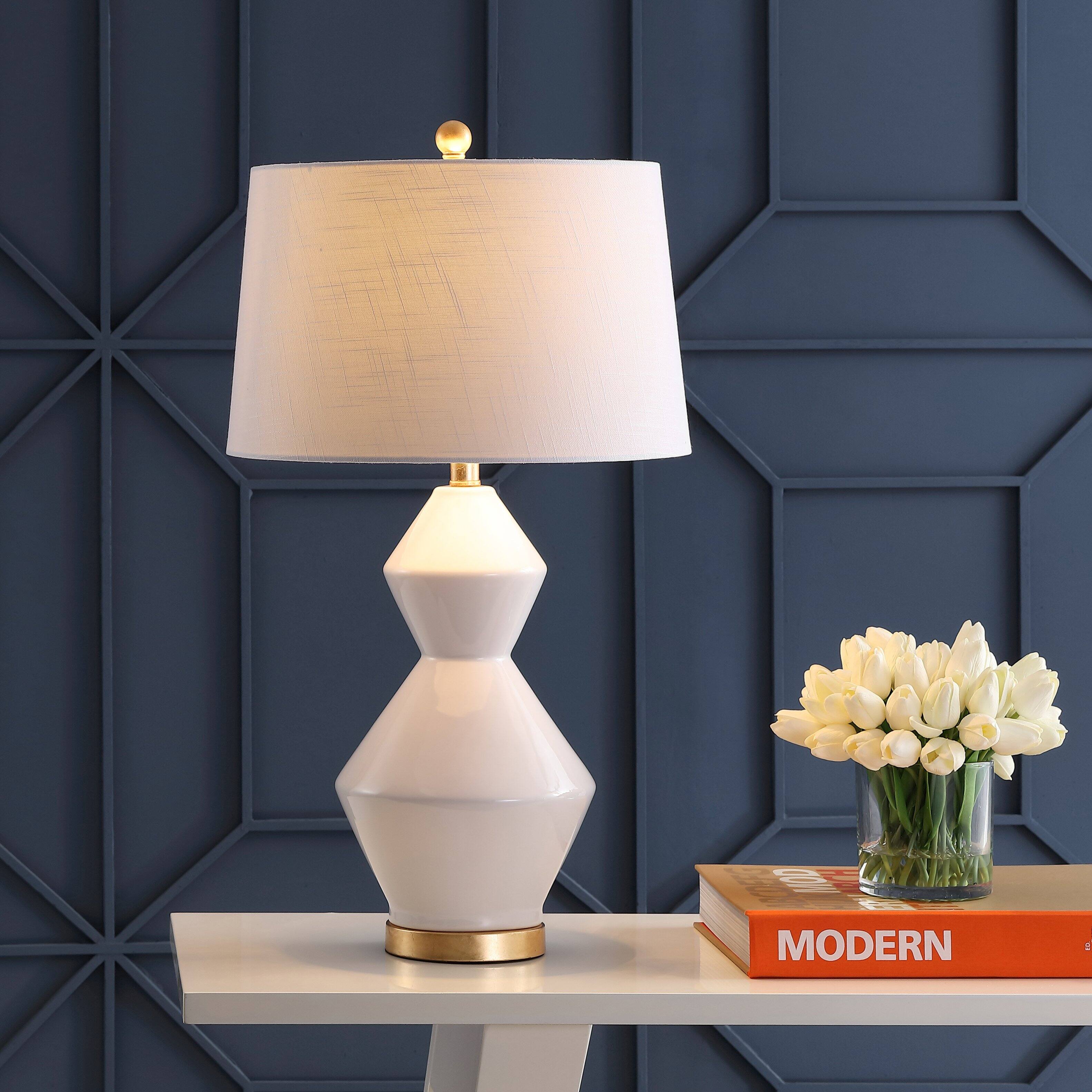 Alt View 1. Jonathan Y - Abbas 29" Geometric Ceramic/Metal LED Table Lamp, White/Gold Leaf - White/Gold Leaf.