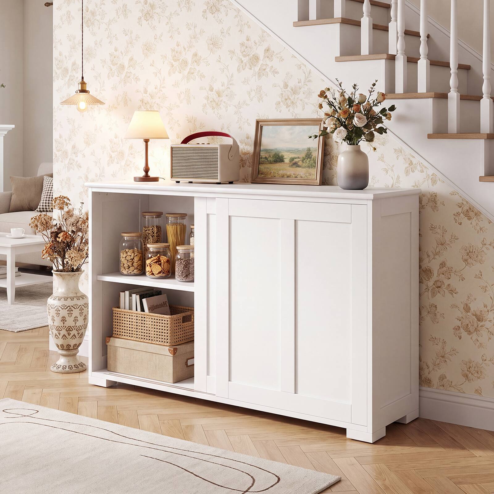 Alt View 4. Costway - Costway Kitchen Storage Cabinet Sideboard Buffet Cupboard Wood Sliding Door Pantry - White.