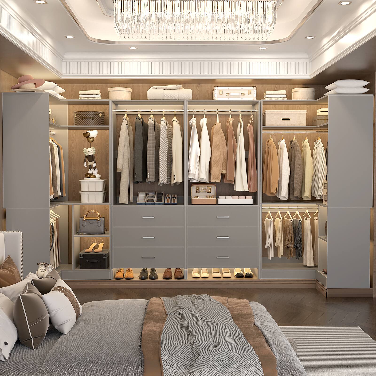 Alt View 3. Aheaplus - U-Shaped Closet Organizer System with 6 Drawers, 112.5" Walk-in Wardrobe System with Hanging Rods & Shelves, Set of 4 - Gray.