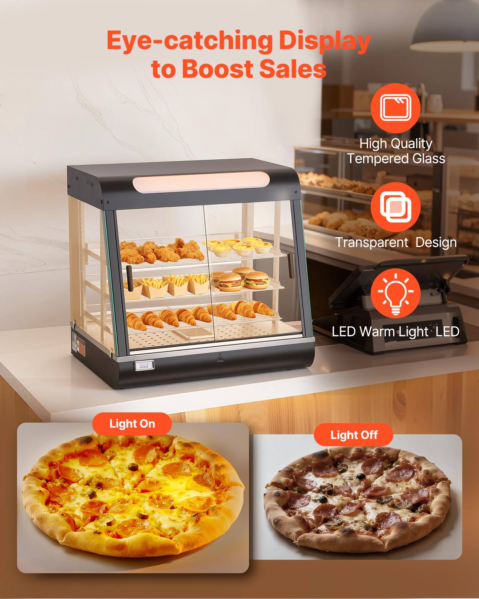 Eye-catching Display to Boost Sales

High Quality Tempered Glass

Transparent Design

LED Warm Light LED

Light On

Light Off