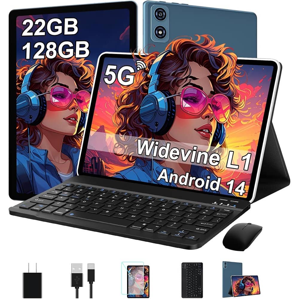 RTMB - 10" Android 14 Tablet – 22GB RAM, 128GB Storage, Keyboard Bundle - Blue