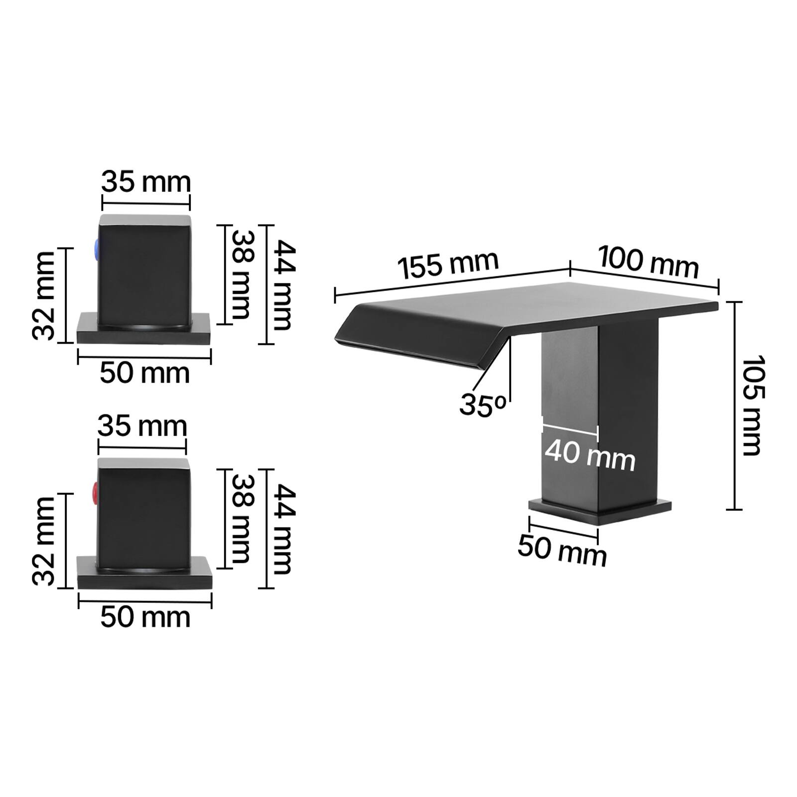 - 35 mm
- 32 mm
- 50 mm
- 38 mm
- 44 mm
- 155 mm
- 100 mm
- 105 mm
- 40 mm