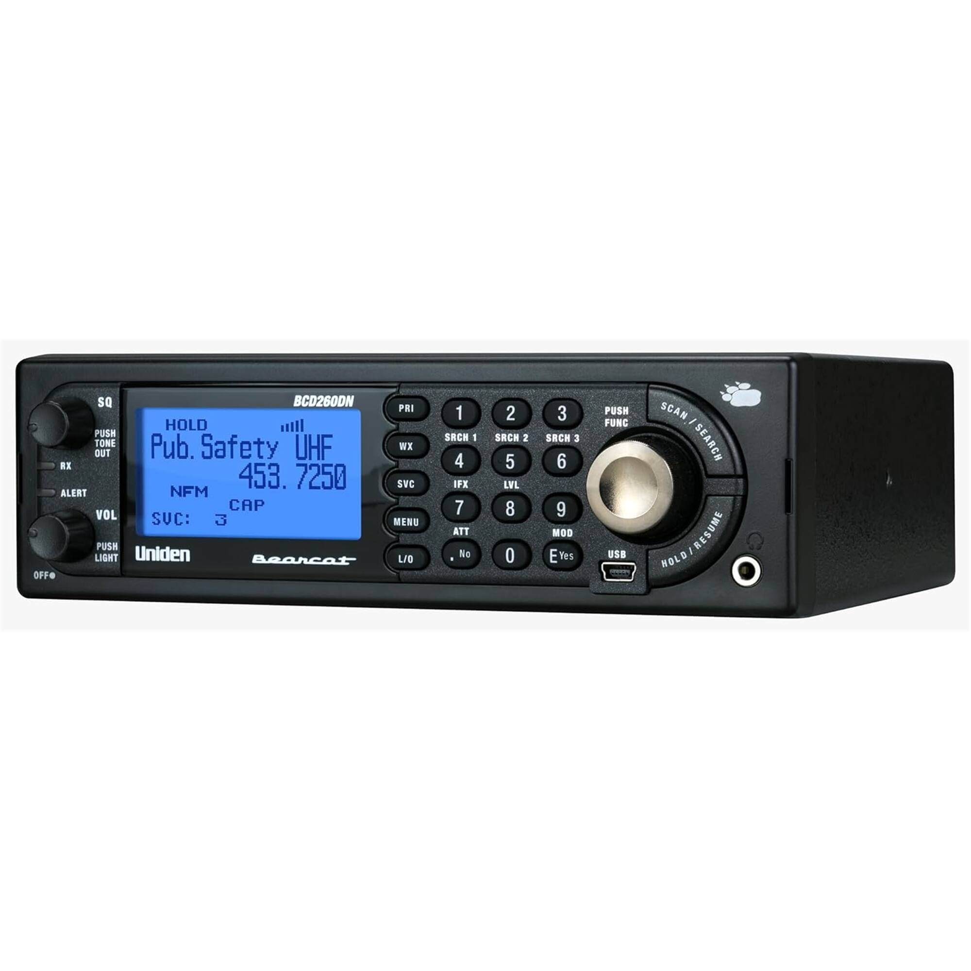 Sure, here is the corrected and grouped text from the image:

- **BCD260DN**
- **Pub. Safety UHF**
- **453.7250**
- **NFM CAP**
- **SVC: 3**
- **Uniden Bearcat**
- **HOLD**
- **PUSH TONE OUT**
- **PUSH**
- **PUSH LIGHT**
- **PUSH FUNC**
- **SCAN SEARCH**
- **MENU**
- **L/O**
- **ATT No. 2**
- **SRCH 1**
- **SRCH 2**
- **SRCH 3**
- **LVL 8**
- **COM E**
- **PUSH FUNC**
- **USB SCAN SEARCH**
- **RESUME**
- **NOLD**