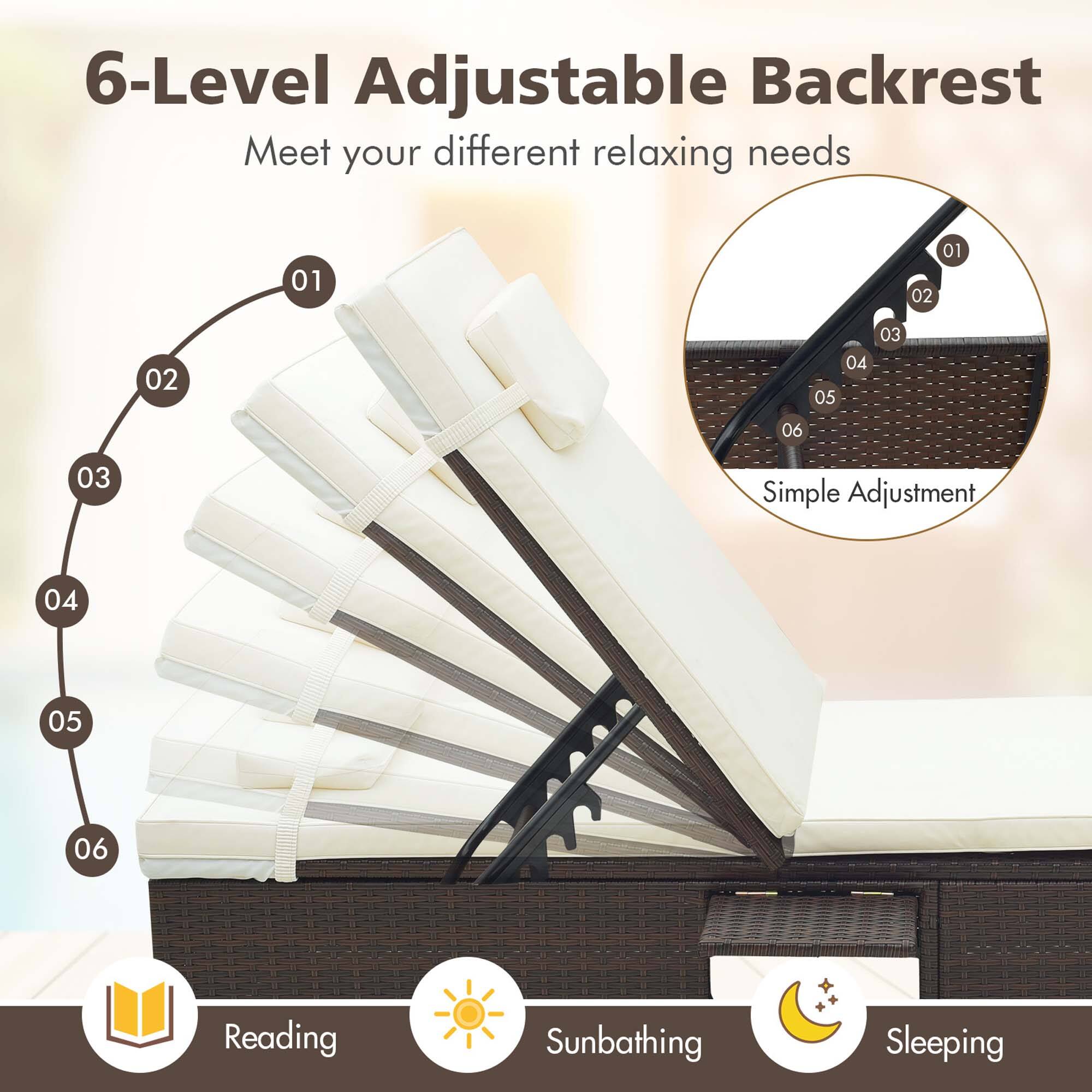 6-Level Adjustable Backrest  
Meet your different relaxing needs  

01 01 02 02 04 05 03 06 03  
Simple Adjustment  
04 05 06  

Reading Sunbathing Sleeping