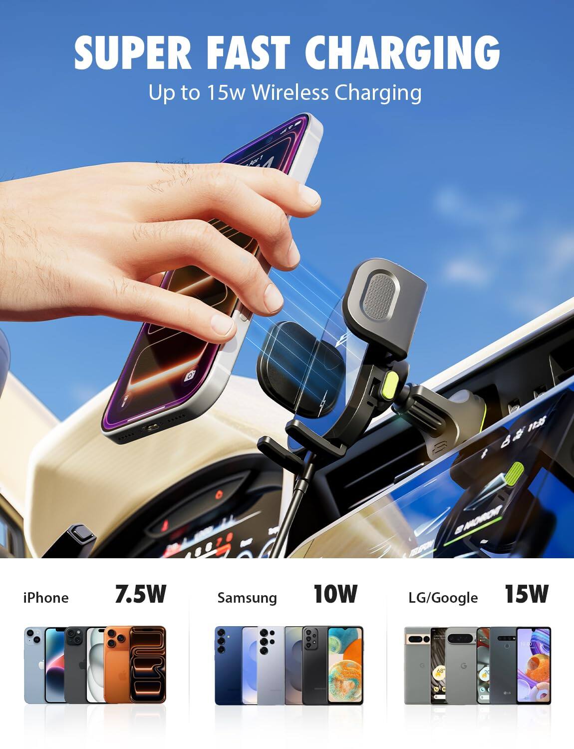 SUPER FAST CHARGING  
Up to 15w Wireless Charging

22:11  
NACHIONT TELEFON

iPhone  
7.5W

Samsung  
10W

LG/Google  
15W