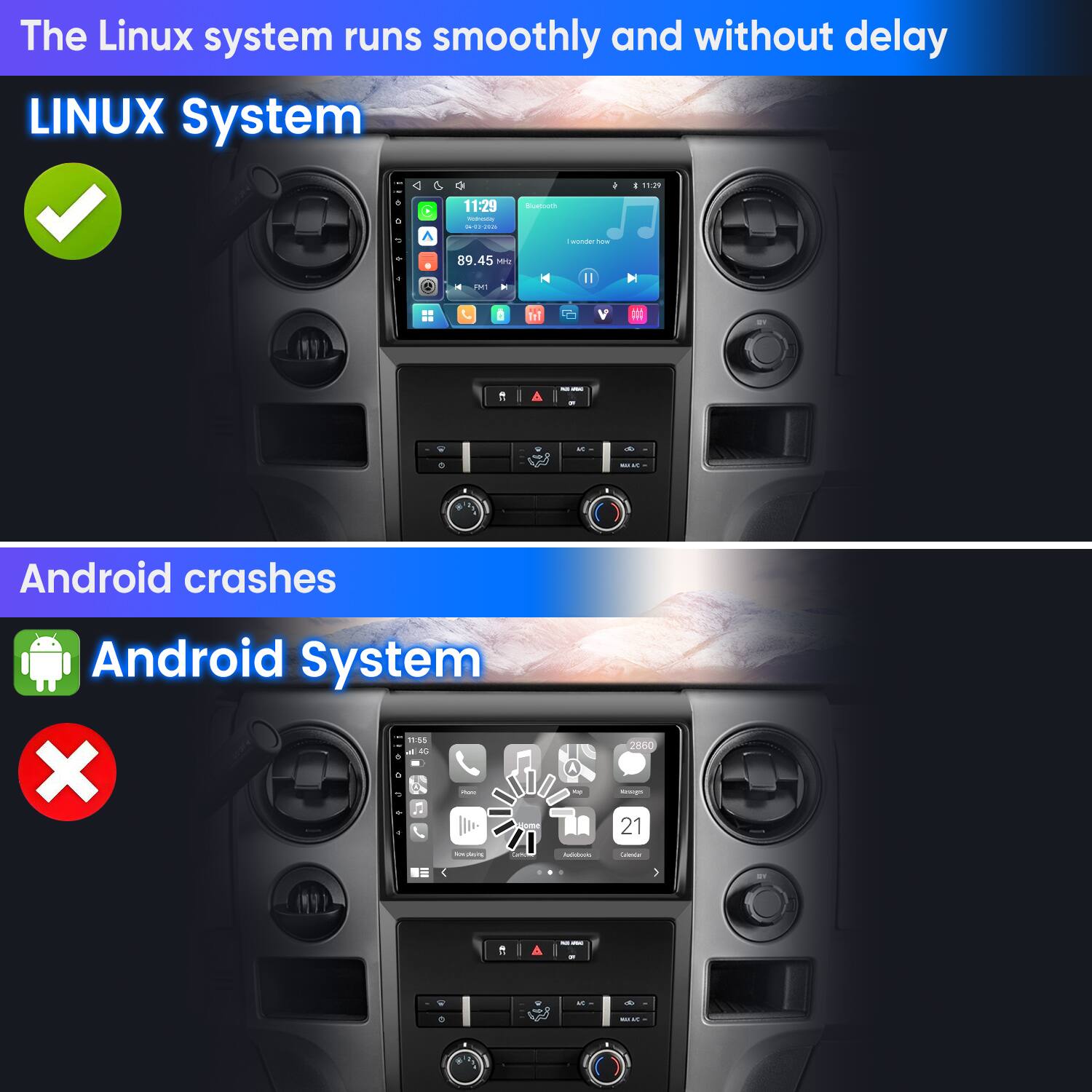 The Linux system runs smoothly and without delay  
LINUX System

Android crashes  
Android System