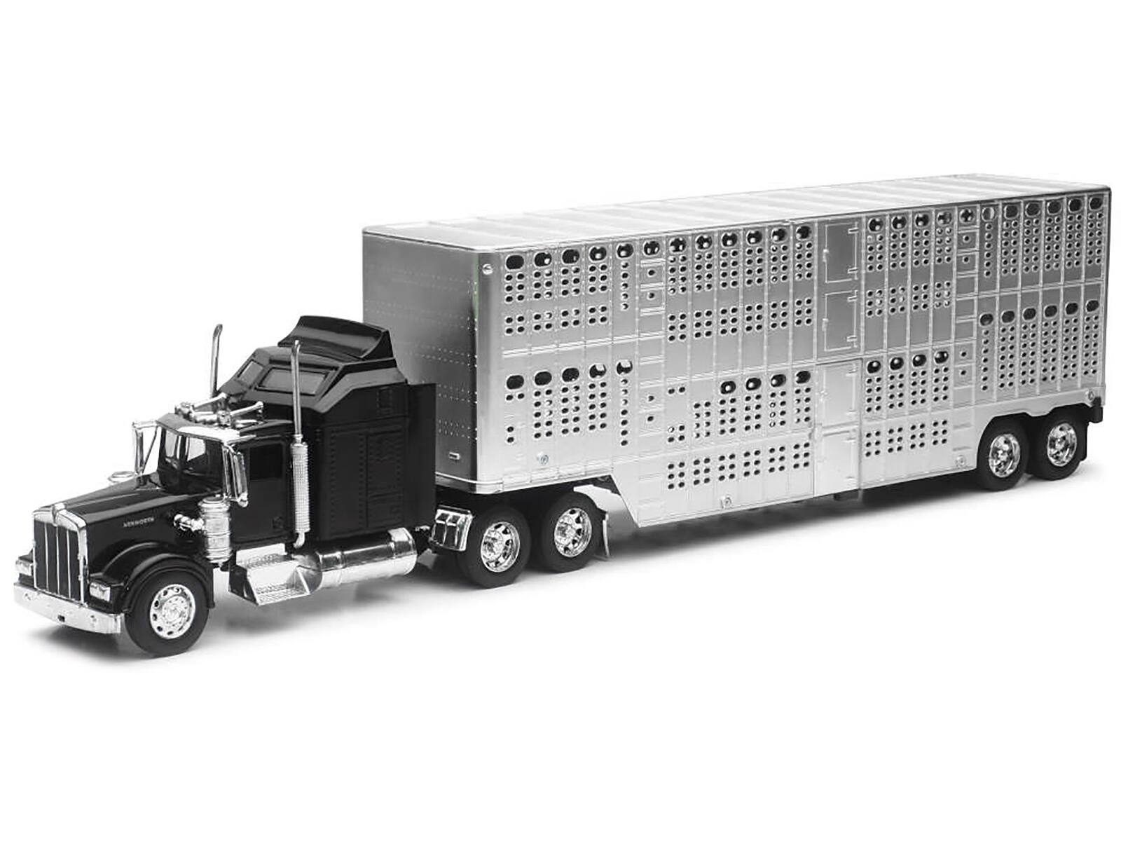 Alt View 1. New Ray - Kenworth W900 Truck Black with Pot Belly Livestock Chrome "Long Haul Truckers" Series 1/32 Diecast Model by New Ray.