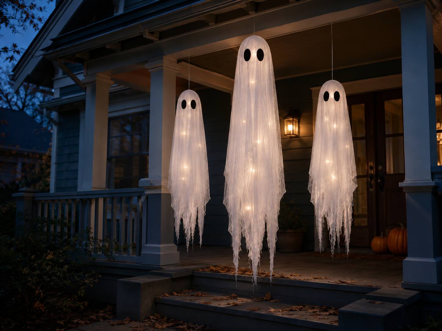 Angle. FASCINATE - 3-Pack 5-ft and 4-ft Lighted Hanging Ghosts with Remote, 8 Lighting Modes and Timer - White.