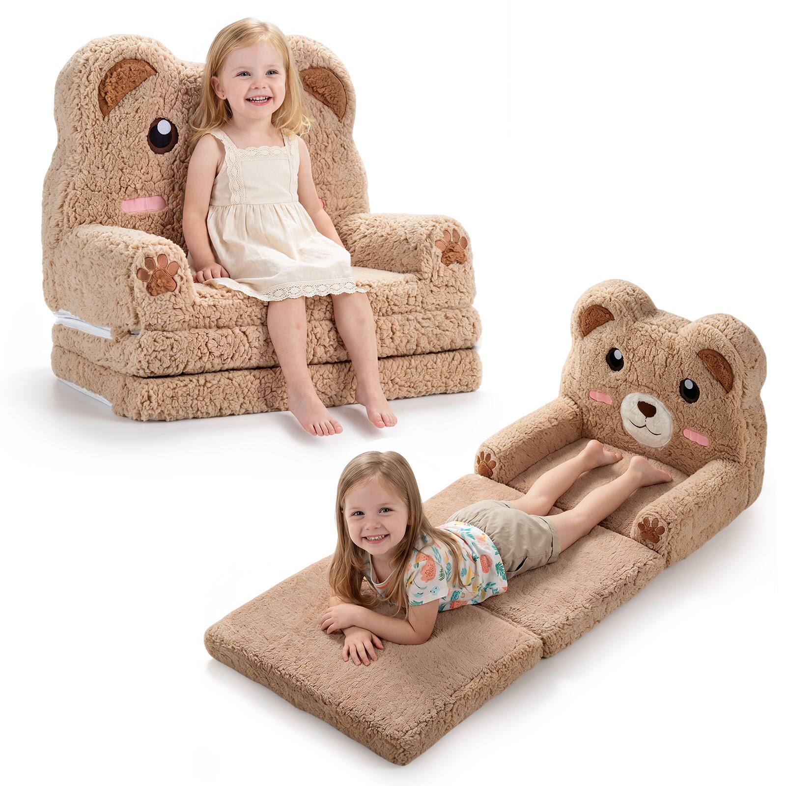 Alt View 9. Costway - Costway 2-in-1 Foldable Kids Sofa Bed Convertible Lounger with Washable Removable Slipcover Brown Bear - Brown Bear.