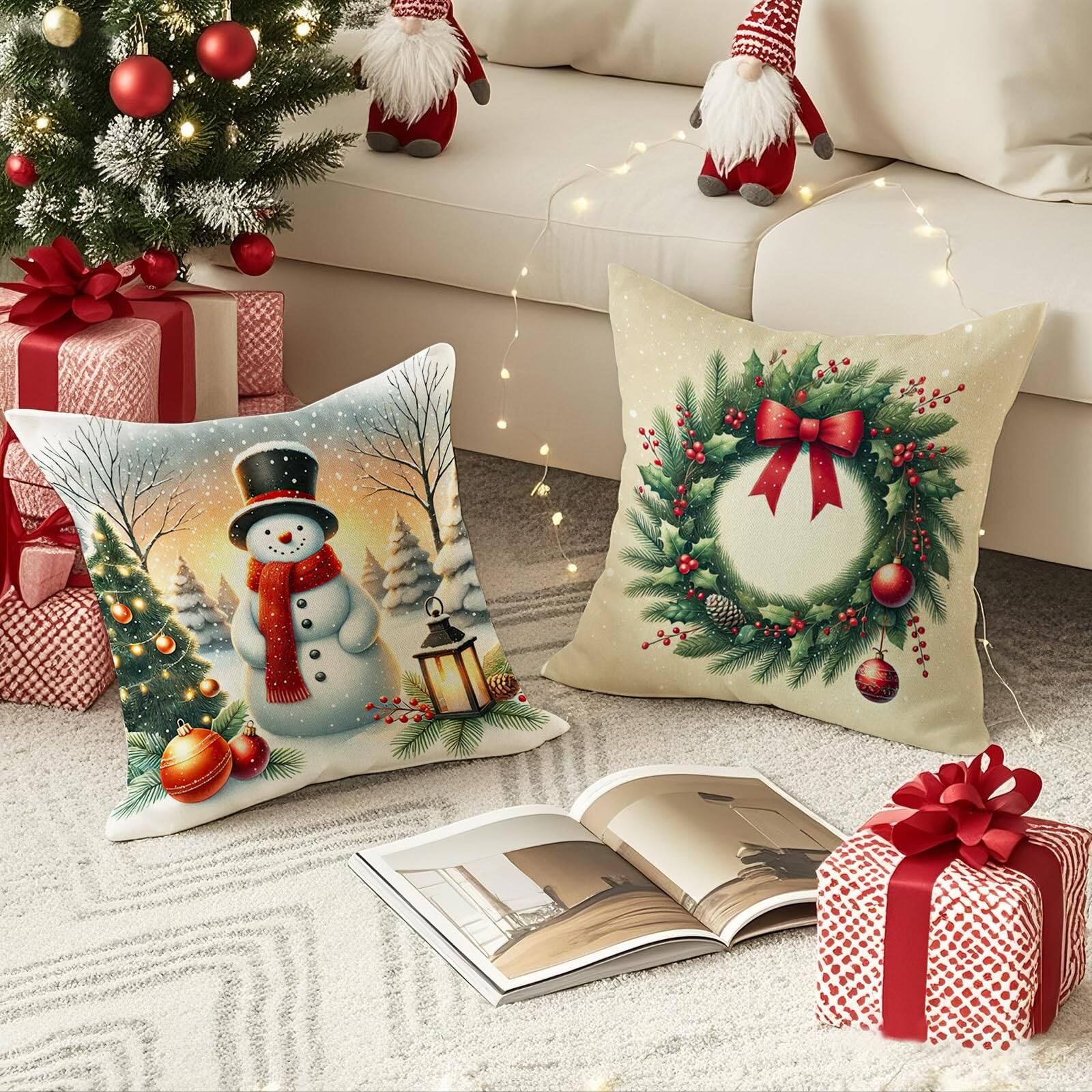 Back. Stylel Star - Christmas Pillow Covers 18x18 inch Set of 4, Holiday Winter Outdoor Vintage Tree Snowflake Xmas Snowman Neutral Farmh... - Christmas2.