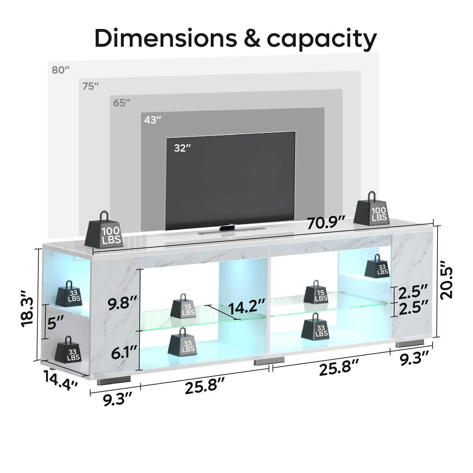 Dimensions & capacity:

* 80" TV: 75" diagonal length, 65" width, 43" height, 32" depth, 100 lbs weight
* 75" TV: 65" diagonal length, 5" width, 9.8" height, 33 lbs weight
* 65" TV: 5" diagonal length, 14.4" width, 14.2" height, 33 lbs weight
* 43" TV: 32" diagonal length, 100 lbs weight
* 32" TV: 18.3" diagonal length, 9.3" width, 9.3" height, 33 lbs weight
* 18.3" TV: 14.4" diagonal length, 15" width, 14.2" height, 33 lbs weight
* 14.4" TV: 15" diagonal length, 14.2" width, 14.2" height, 33 lbs weight
* 14.2" TV: 15" diagonal length, 14.2" width, 14.2" height, 33 lbs weight
* 33" TV: 25.8" diagonal length, 100 lbs weight
* 25.8" TV: 70.9" diagonal length, 33 lbs weight
* 15" TV: 2.5" diagonal length, 2.5" width, 2.5" height, 33 lbs weight