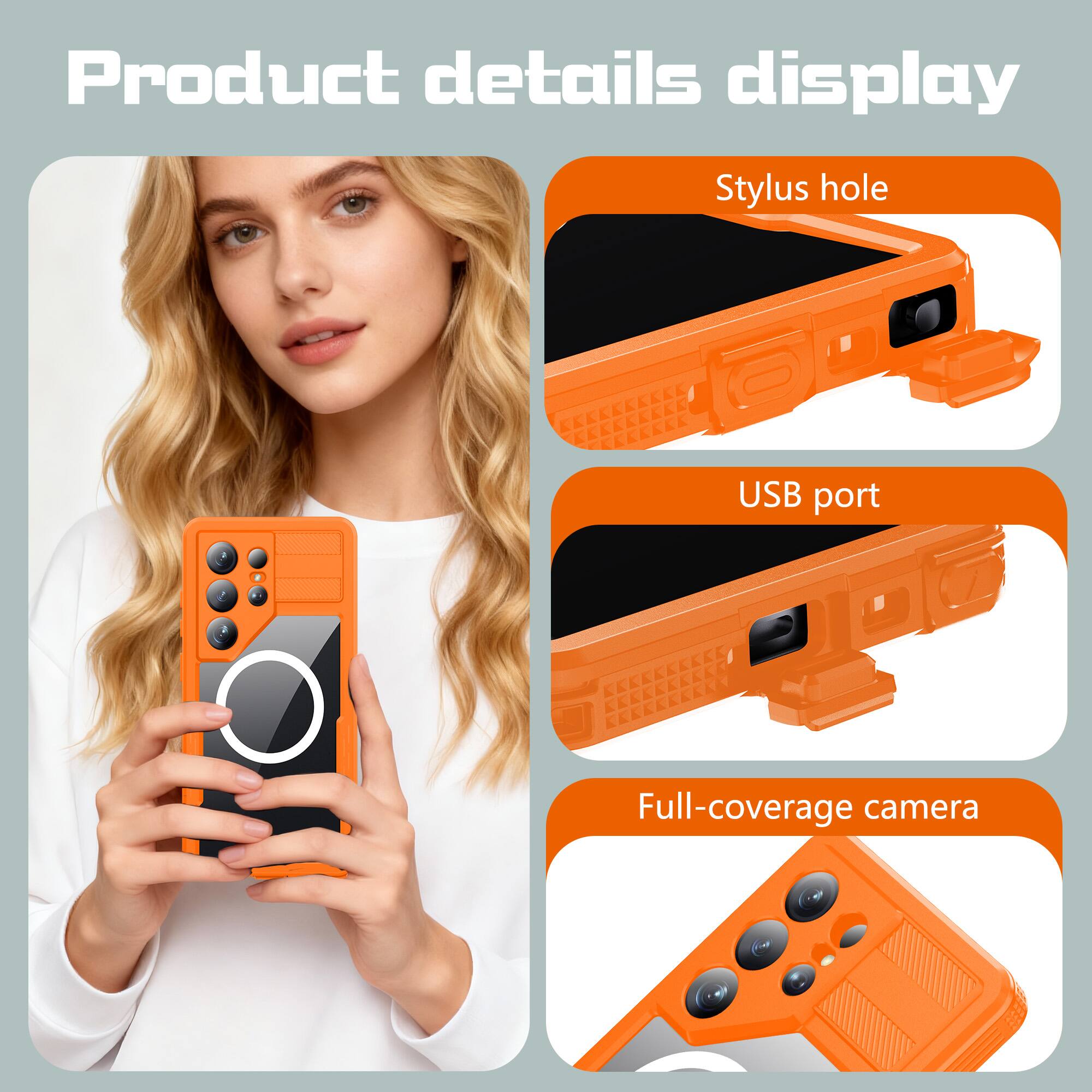 Product details display  
Stylus hole  
USB port  
Full-coverage camera
