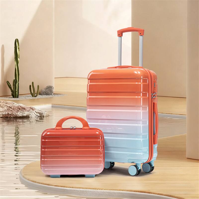 Angle. HTUTWOO - 14"/20" Carry On Luggage Set - PC Hardside Spinner Wheels Suitcase with Gradient Color, TSA Combination Lock, Set of 2 - Blue+Red.