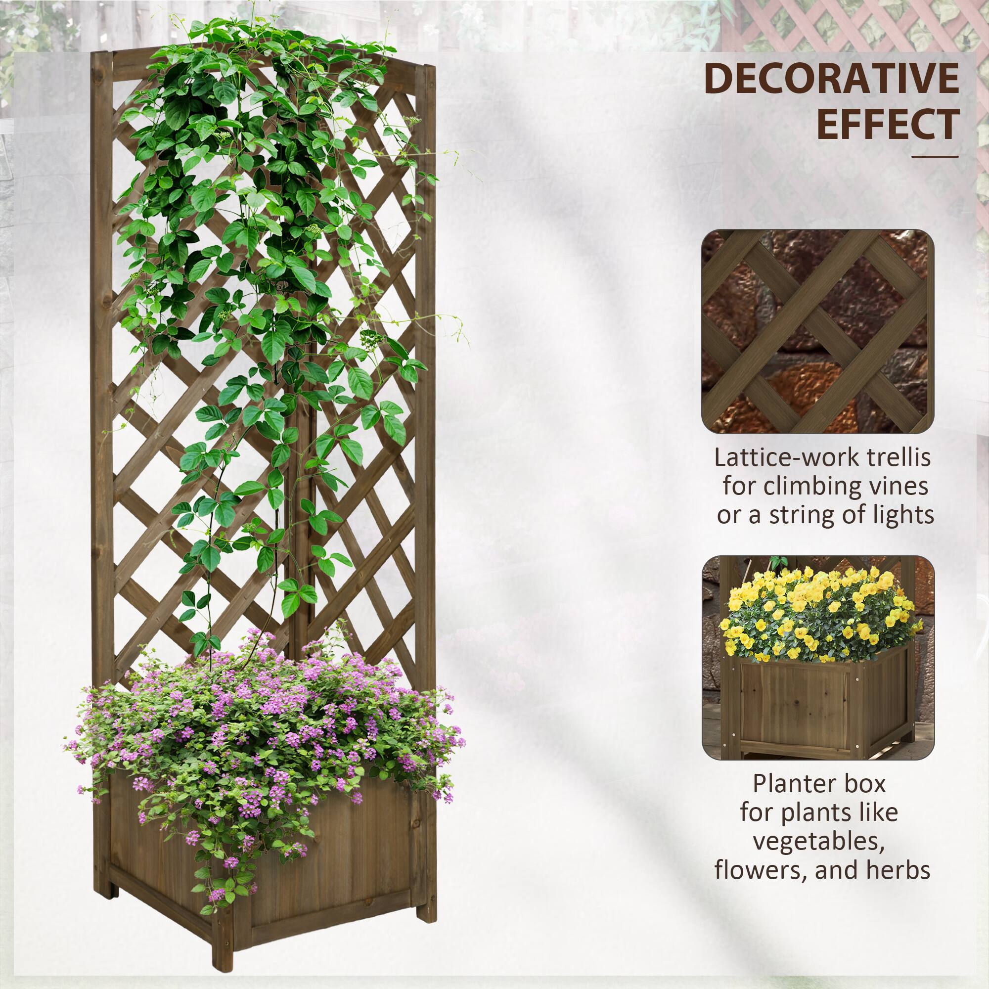 DECORATIVE EFFECT

Lattice-work trellis for climbing vines or a string of lights

Planter box for plants like vegetables, flowers, and herbs