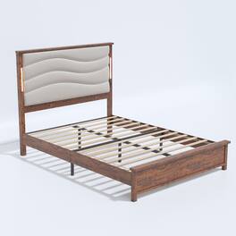 Ecooso - Queen Size Bed Frame with Upholstered Headboard, Charging Station and LED Lights,No Box Spring Needed, Easy Assembly - Beige