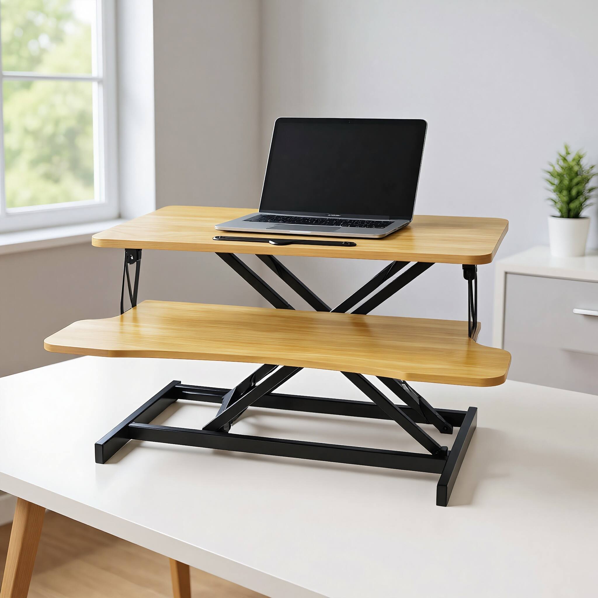 Alt View 4. Aukfa - 32" Height Adjustable Desk Converter - Dual Monitor & Laptop Workstation, Wide Keyboard Tray. - Natural.