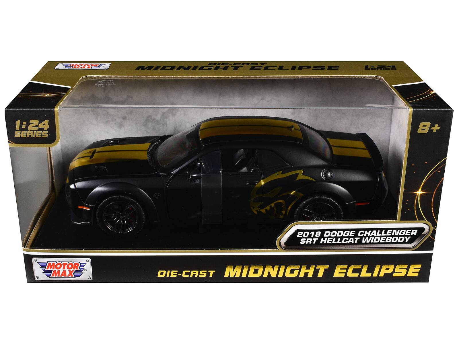 rE .. DIE-CAST MIDNIGHT ECLIPSE 1:24 SERIES 8+ 2018 DODGE CHALLENGER SRT HELLCAT WIDEBODY MOTOR MAX DIE-CAST MIDNIGHT ECLIPSE