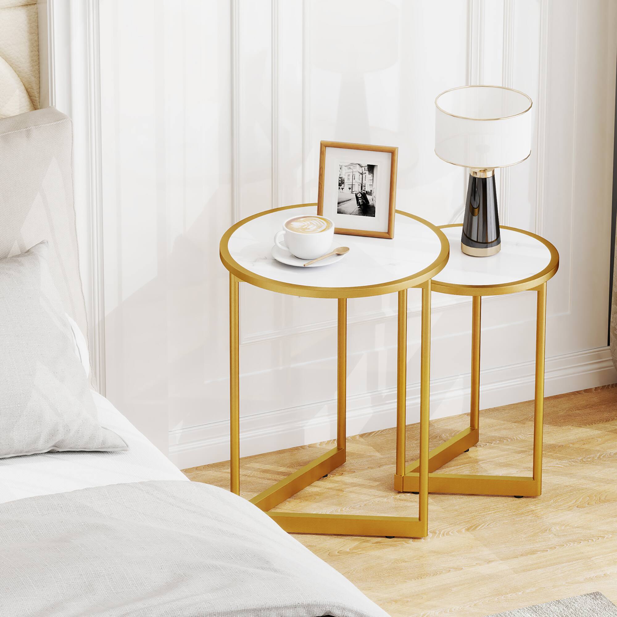 Alt View 5. Gymax - Gymax Round Nesting Side Table Set of 2 Stacking Coffee Tables w/ Faux Marble Tabletop - White + Gold.