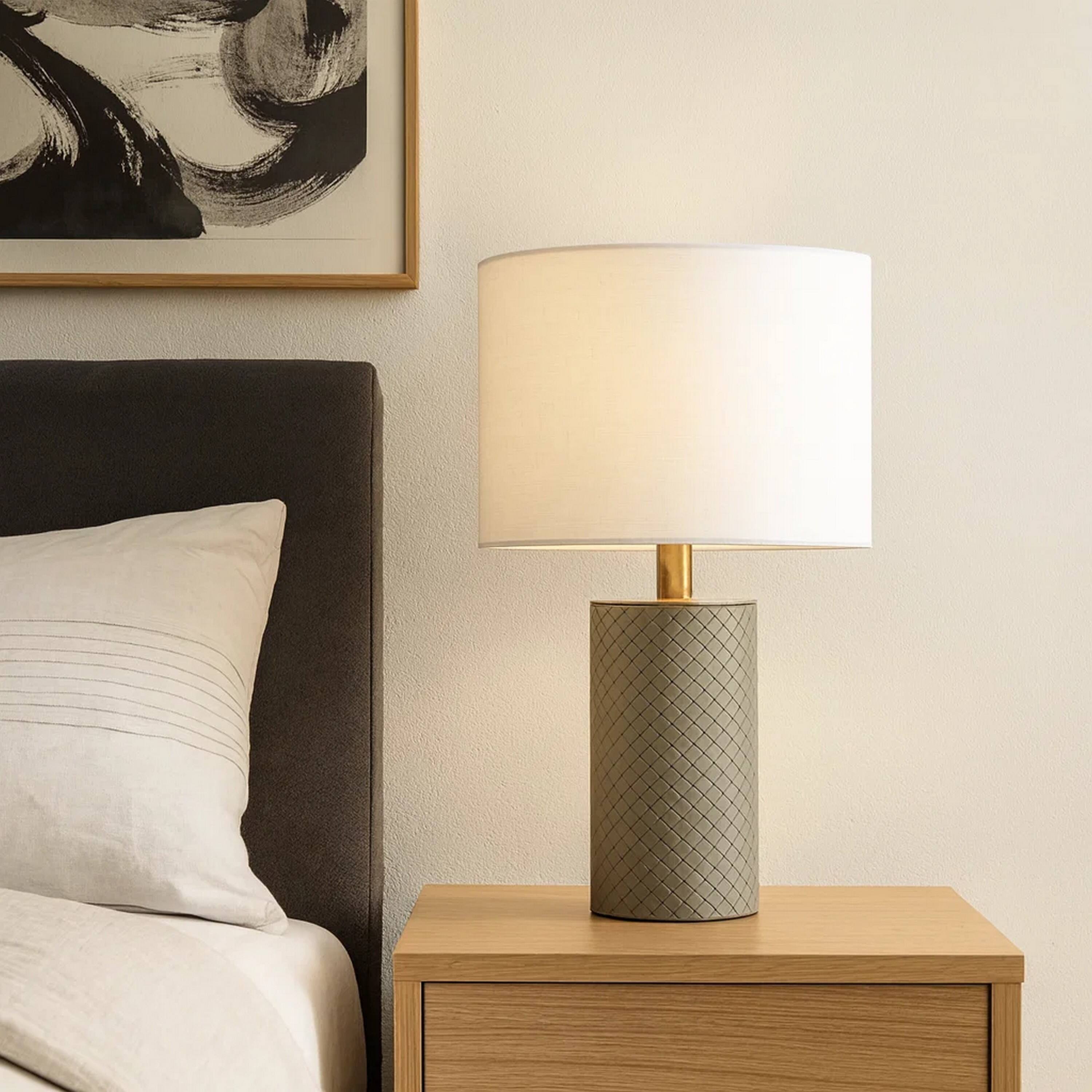 Alt View 2. Manhattan Lane - Myn Table Lamp, 18 Inch, Linen Drum Shade, Leather Base - Gray, White, Brass.