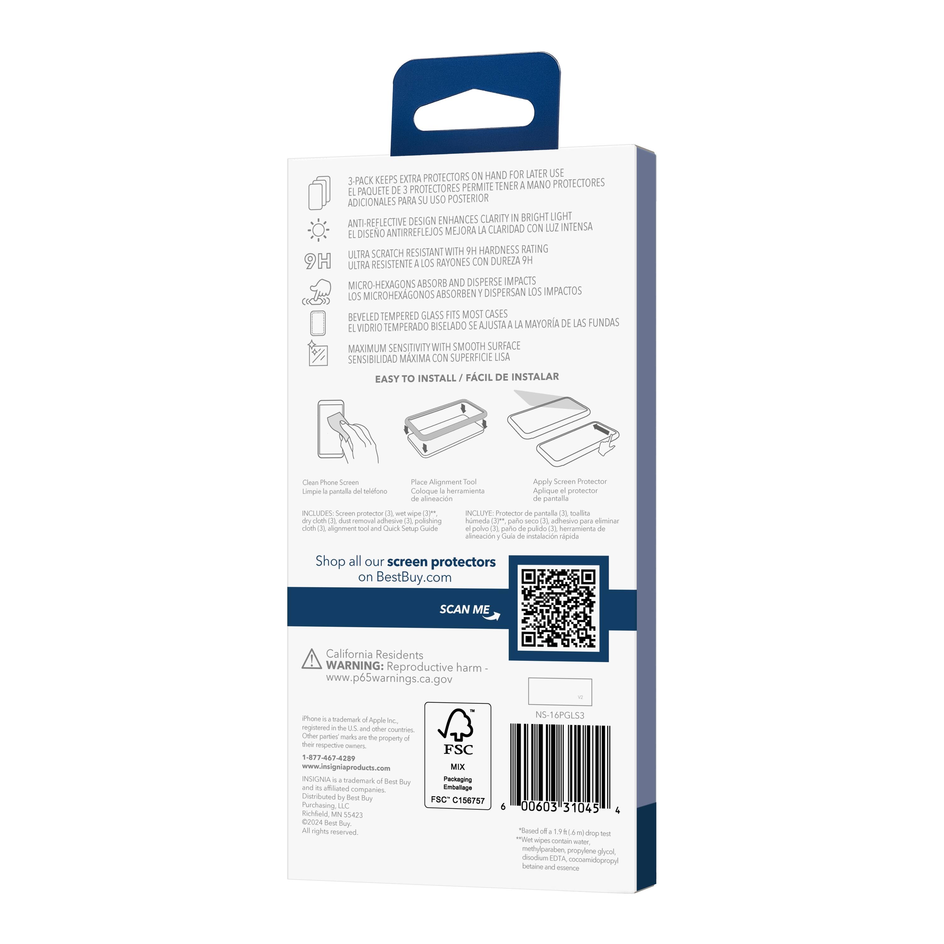 The image features a blue box with a barcode and a QR code on it. The box contains a screen protector for a cell phone, along with a cleaning cloth and an alignment tool. The instructions for using the screen protector are also included in the box. The box is designed to be easy to install and use, with a focus on providing maximum sensitivity and smooth surface for the screen protector.