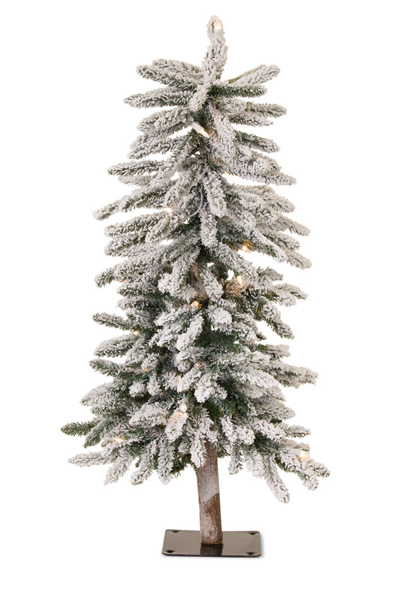 BreeBe - LED Flocked Alpine Pencil Tree with Metal Base 3'H - White, Green, Black