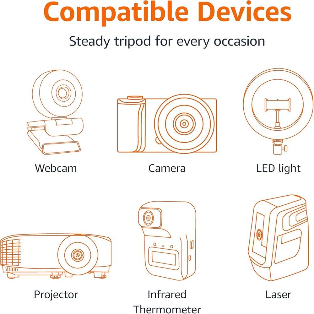 Compatible Devices  
Steady tripod for every occasion  

- Webcam  
- Camera  
- LED light  
- Projector  
- Infrared Thermometer  
- Laser