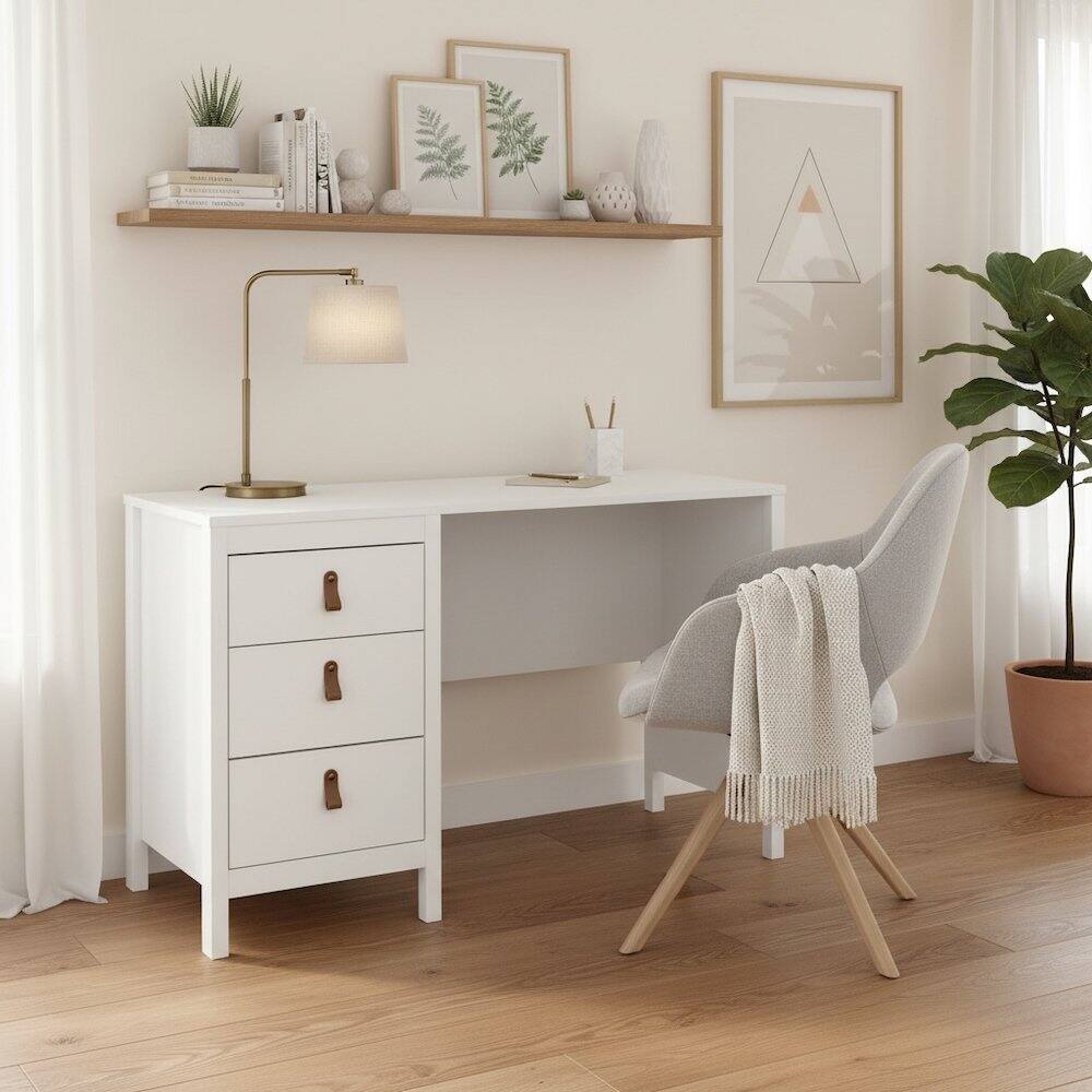 Left. FurniFact - 3-Drawer Computer Desk for Home Office or Study Table Area - White.