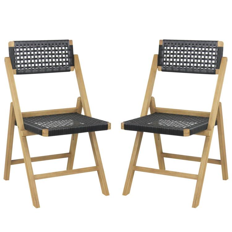 Alt View 1. Mondawe - Set of 2 Folding Teak Wood Dining Chairs with Woven Rope Seat and Back for Patio - Brown.