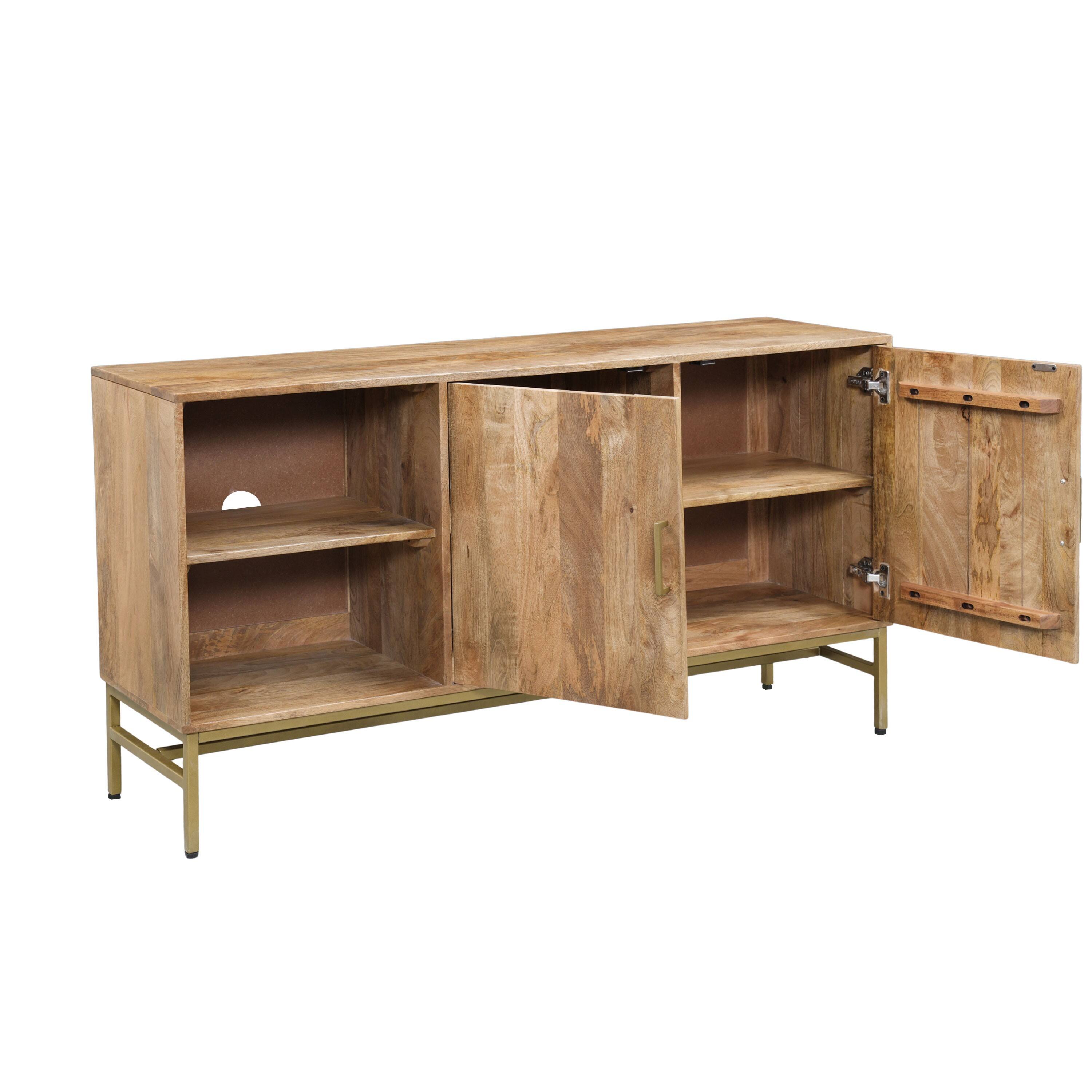Left. Manhattan Lane - Lysa 50 Inch Sideboard Buffet Cabinet with Open Shelves, Gold Iron Base, Mango Wood - Natural Brown, Gold.
