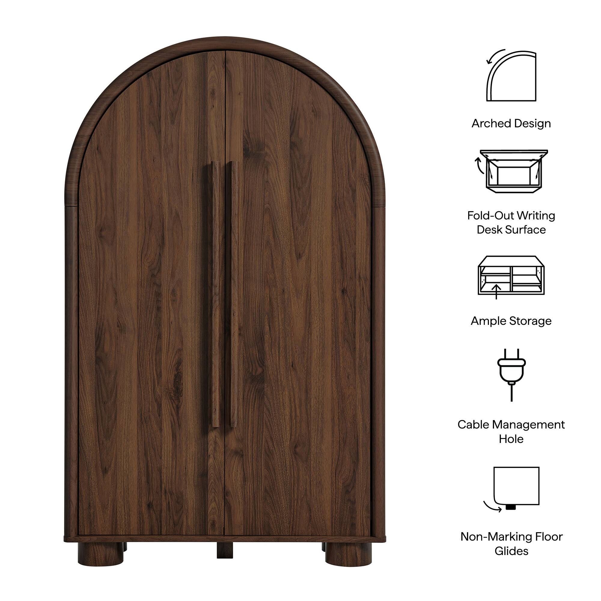 Arched Design  
Fold-Out Writing Desk Surface  
Ample Storage  
Cable Management Hole  
Non-Marking Floor Glides
