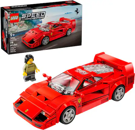 The image features a red Lego Speed Champions Ferrari F40 car, which is a popular toy car among children. The car is displayed in a box, and it is accompanied by a small Lego figure of a man. The car is designed to be a fast and exciting toy for kids to play with, and it is made with high-quality materials to ensure durability and longevity. The Lego Speed Champions Ferrari F40 car is a great addition to any child's toy collection and is sure to provide hours of fun and entertainment.
