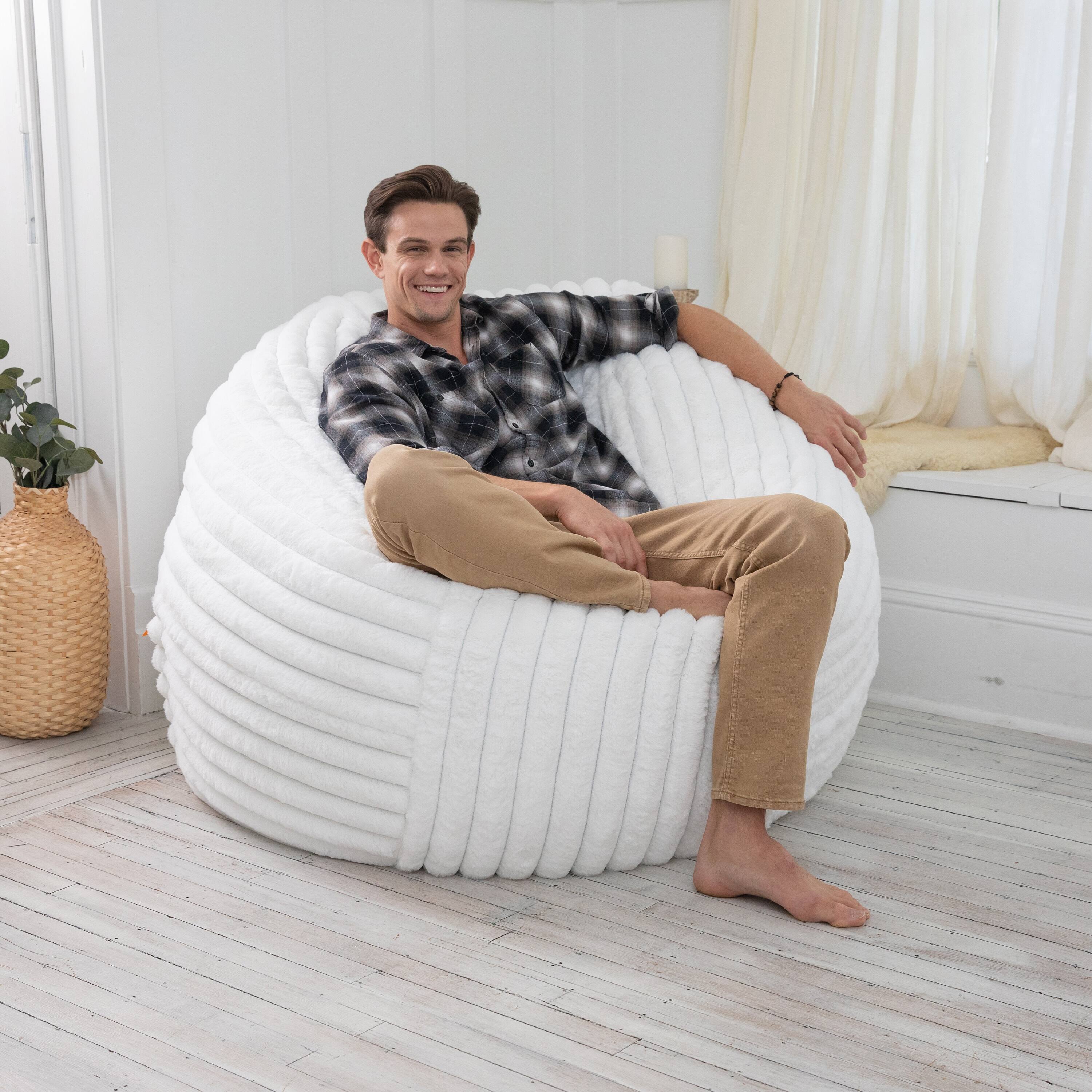 Left. Jaxx - Jaxx 5 Foot Saxx Bean Bag Chair for Adults - Luxe Faux Fur, Mondo Ivory - Mondo Ivory.