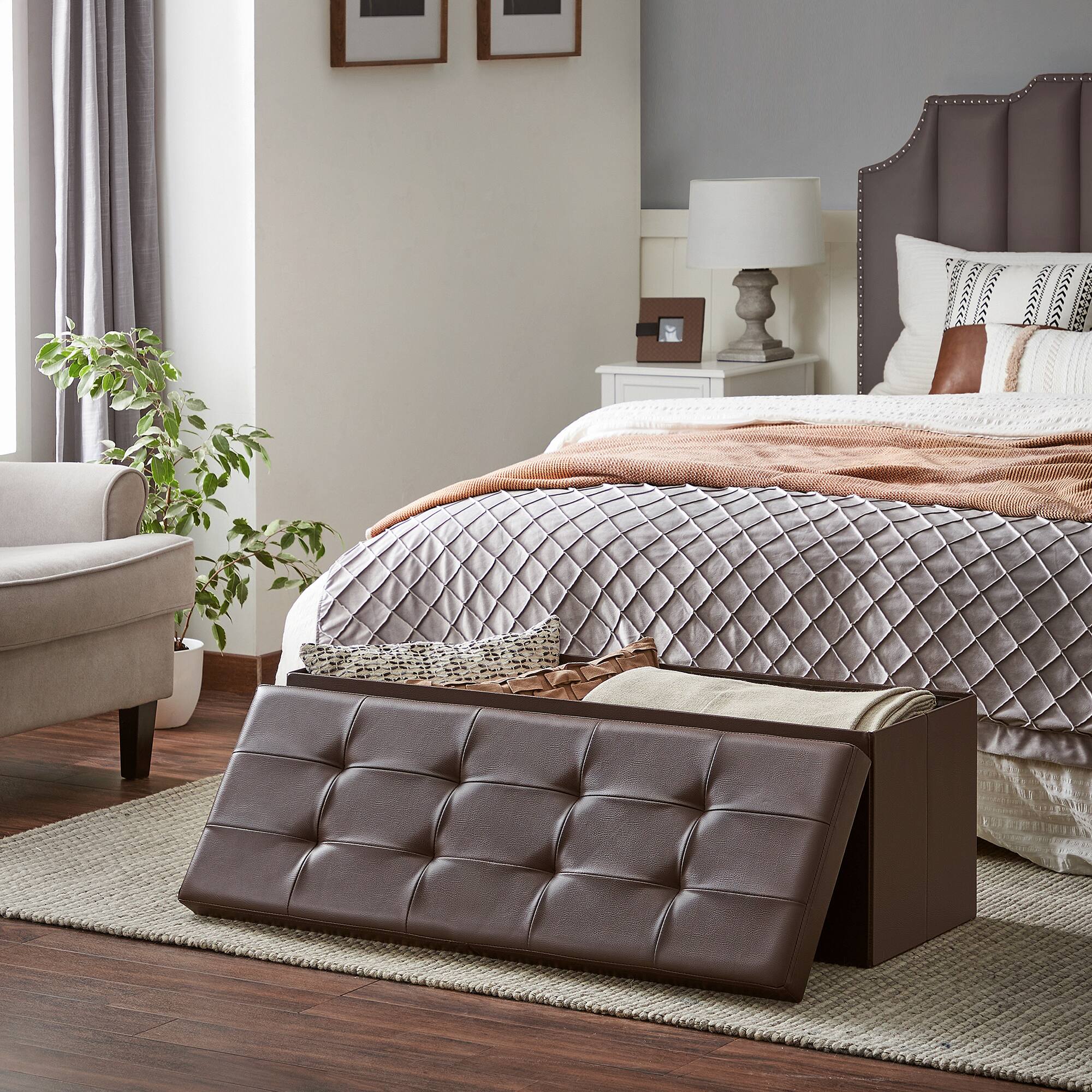 Left. Songmics Home - 43 Inches Folding Storage Ottoman Bench with Flipping Lid, Storage Chest Footrest Padded Seat with Iron Frame Support - Brown.