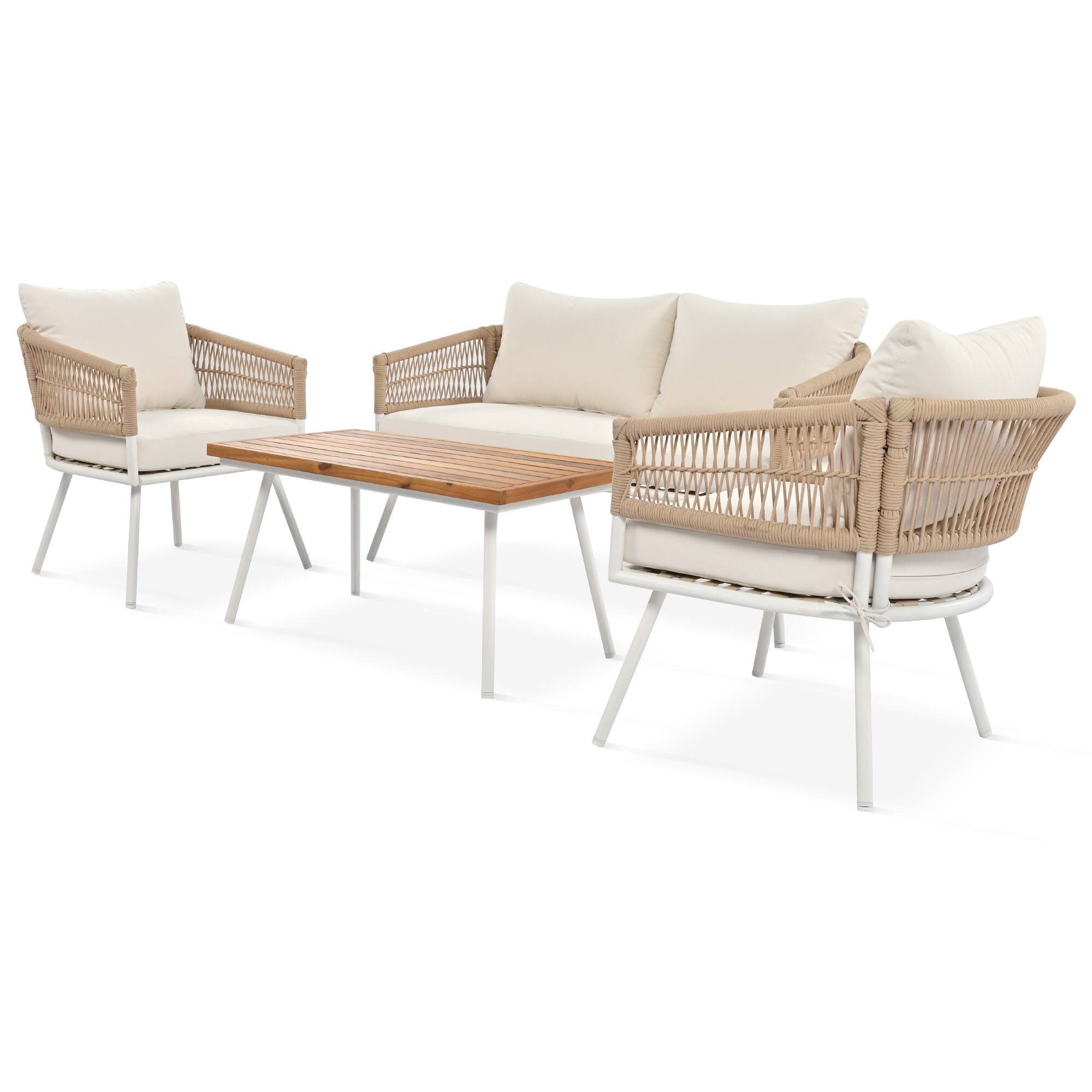 Alt View 9. Siljoy - 4-Piece Boho Rope Patio Set, Acacia Wood Table, Deep Seating Thick Cushions, Beige - Beige.