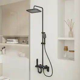 Famapy - Thermostatic Shower System with LED Temperature Display 4-Mode Rainfall Shower Combo with Handheld,Waterfall&Spray Gun - Black
