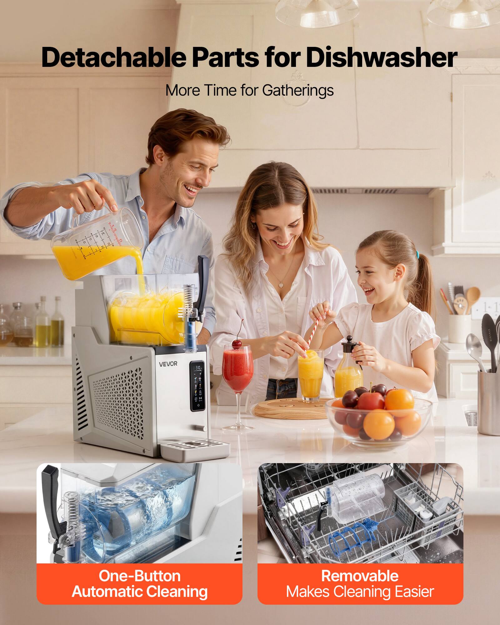 Detachable Parts for Dishwasher  
More Time for Gatherings  

VEVOR  

One-Button Automatic Cleaning  
Removable Makes Cleaning Easier