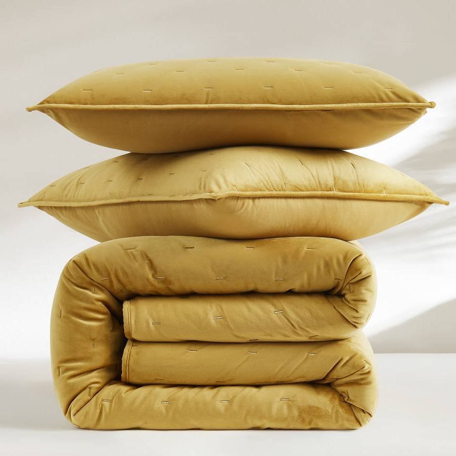 Alt View 1. Hivvago - King/CAL King Size 3-Piece Mustard Yellow Velvet Embroidered Super Soft Quilt Set - Mustard Yellow.