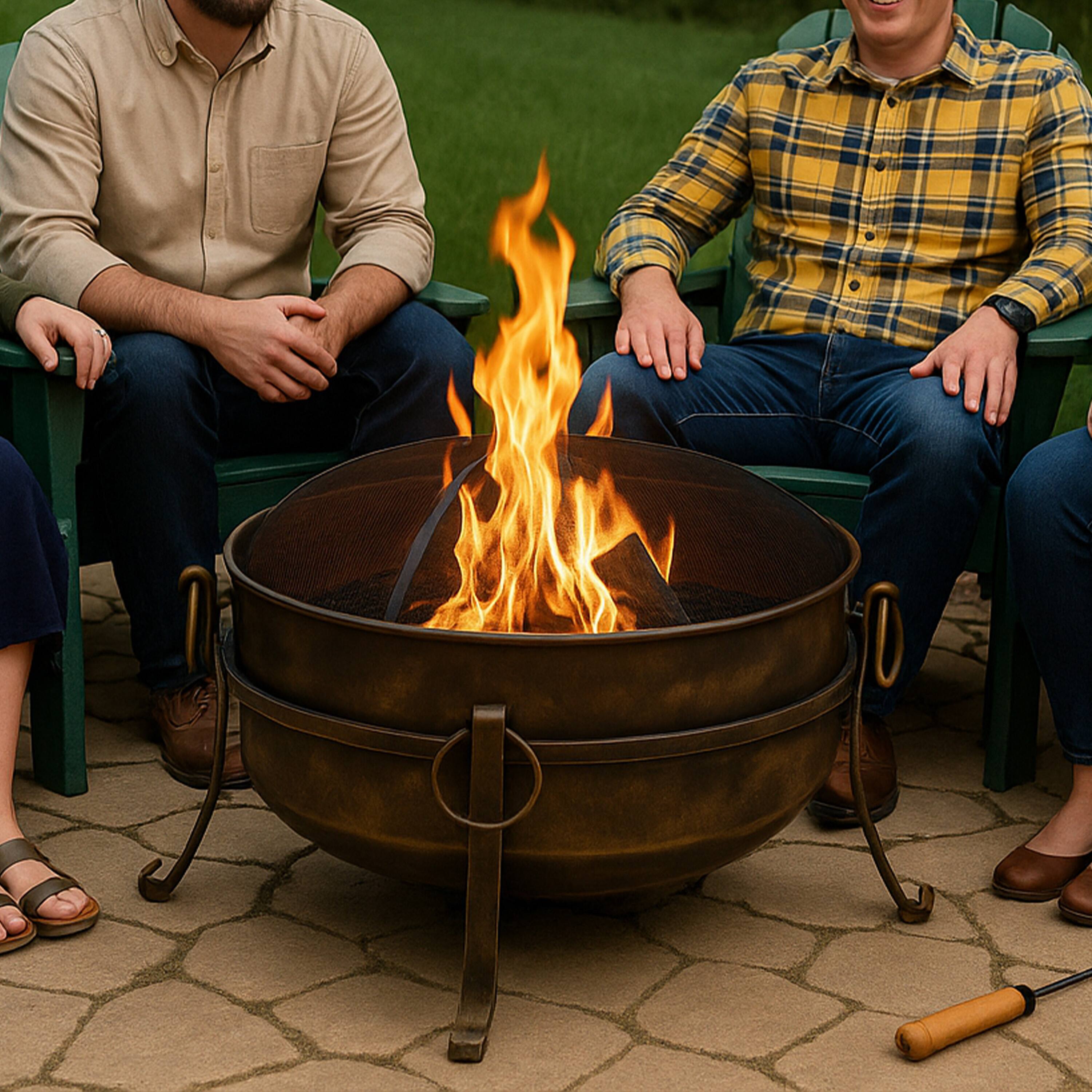 Alt View 8. Sunnydaze - 24 in Cauldron Steel Fire Pit with Spark Screen, Poker, and Grate - Black.