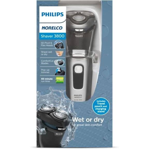 PHILIPS NORELCO Shaver 3800  
5D Pivot & Flex Heads  
Shave wet or dry  
ComfortCut Blades  
Pop-up trimmer  
60 minute run time  

PHILIPS NORELCO includes Travel pouch and charging stand  
Wet or dry for great skin comfort