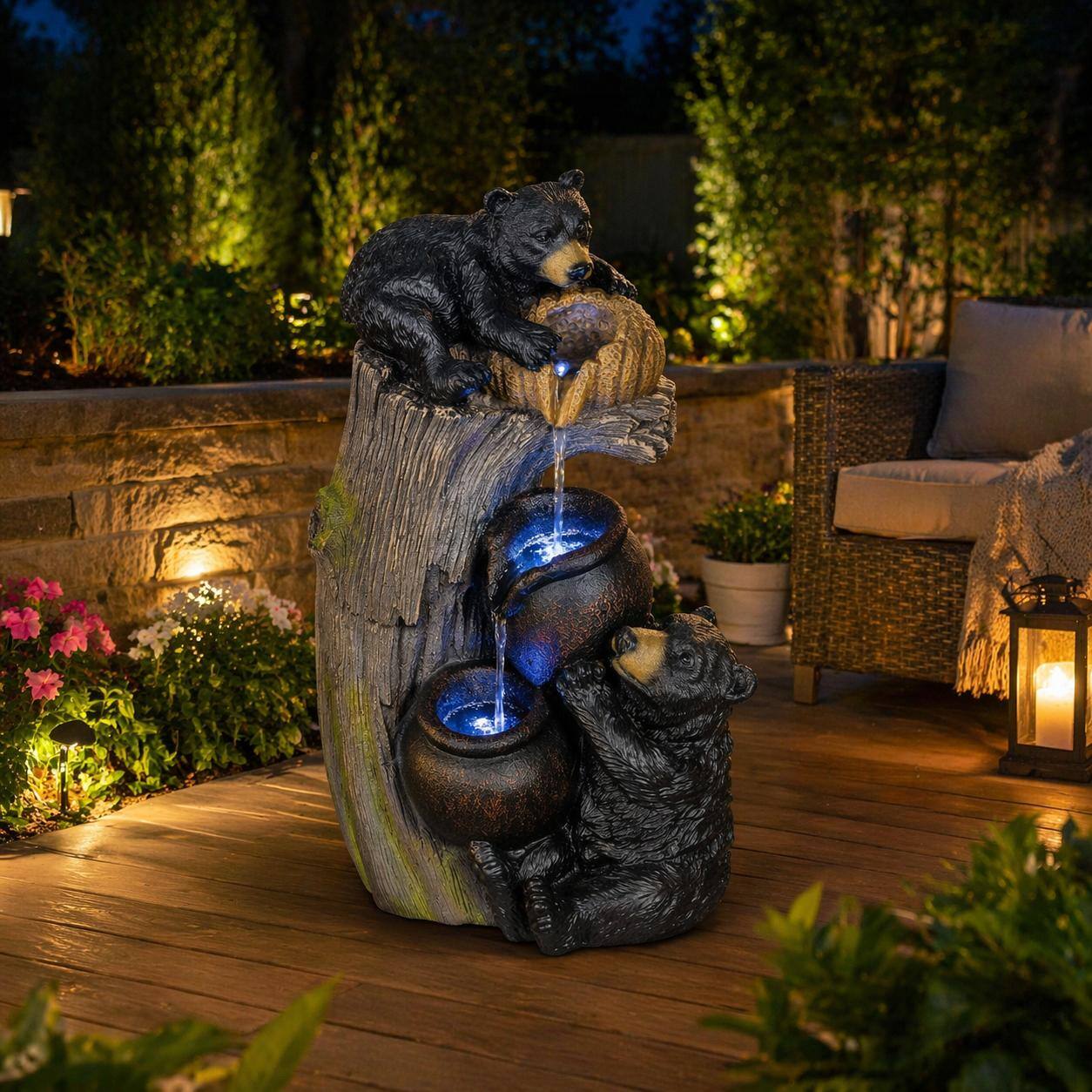 Left. RYHNUYNE - Bear Outdoor Water Fountain with LED Lights 23.62 Inch Cascading Garden Fountain for Patio Yard Balcony Porch.