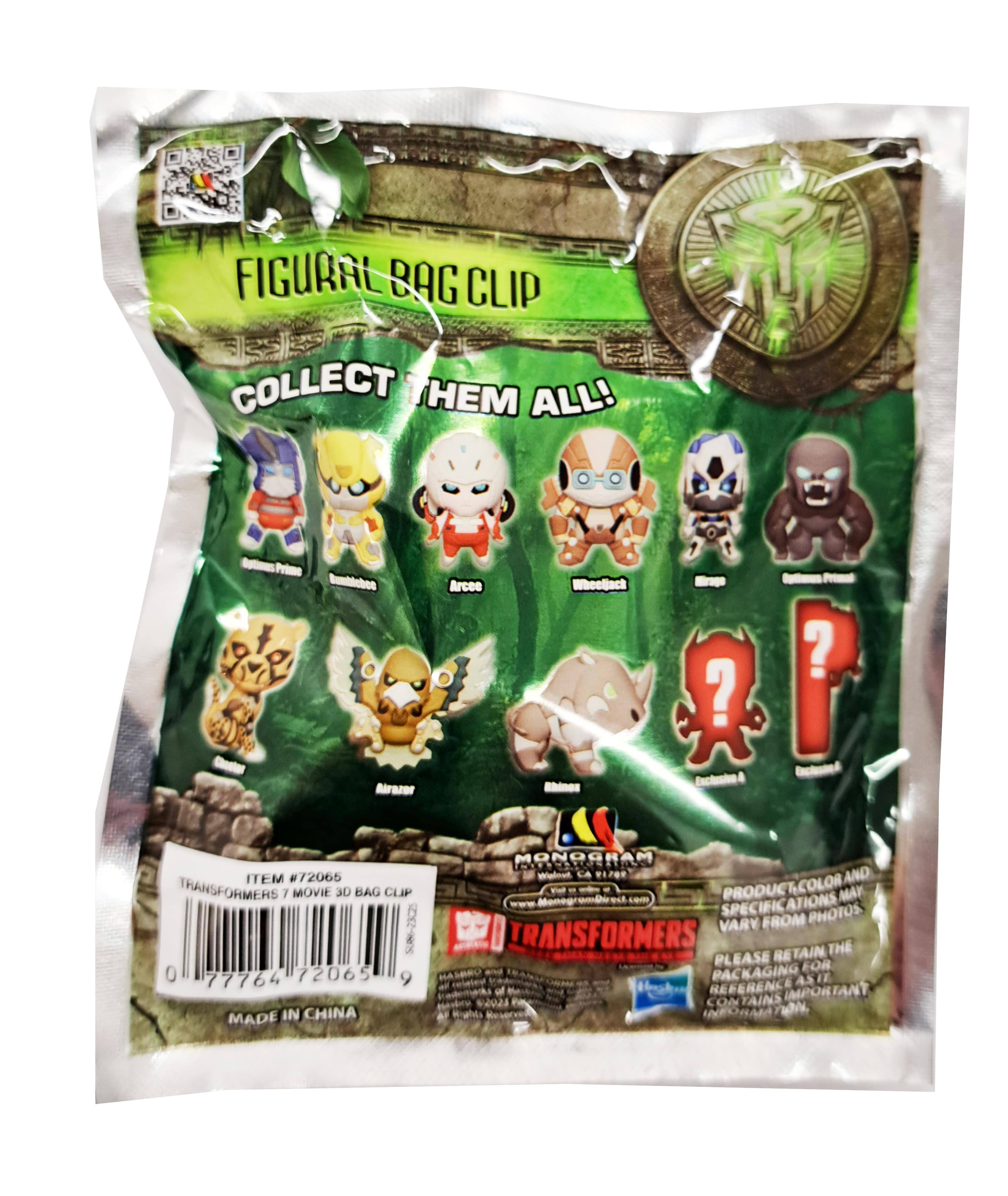 Sure, here is the corrected and grouped text from the image:

---

**FIGURAL BAG CLIP**  
**COLLECT THEM ALL!**

- Optimus Prime
- Bumblebee
- Arcee
- Wheeljack
- Airazer
- Excheatee
- ? ?
- ? ?

**ITEM #72065**  
**TRANSFORMERS 7 MOVIE 3D BAG CLIP**  
**508-2325**  
**0 77764 72065 9**  
**MADE IN CHINA**

**MONOGRAM**  
**www.Monogramdirect.com**

**TRANSFORMERS**  
**PRODUCT COLOR AND SPECIFICATIONS MAY VARY FROM TRANSFORMERS THE LAST KNIGHT.**  
**PLEASE RETAIN PACKAGING FOR REFERENCE AS IT IS IMPORTANT.**  
**CONTAINS: 1 FIGURAL BAG CLIP**

---

This text is grouped and corrected for clarity.