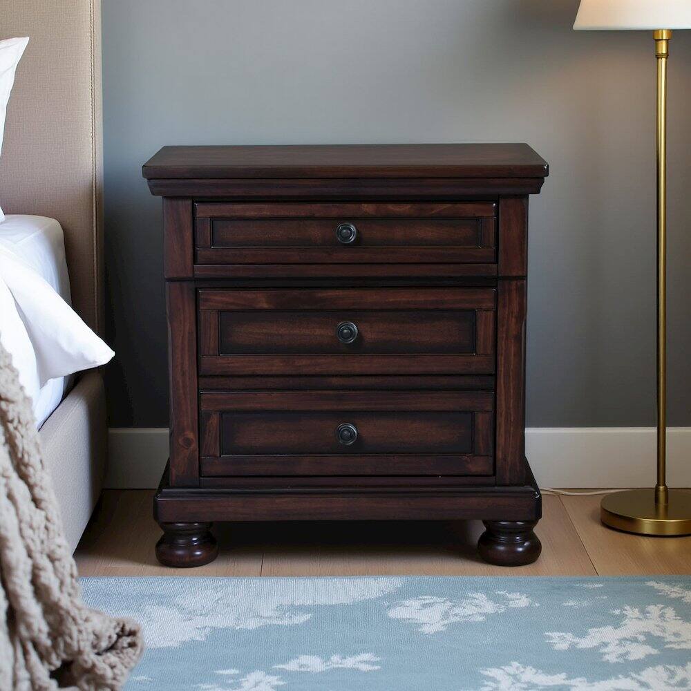 Back. FurniFact - Wooden Nightstand with USB, Cherry Veneer, and Dark Metal Finish Knobs - Cherry Brown.