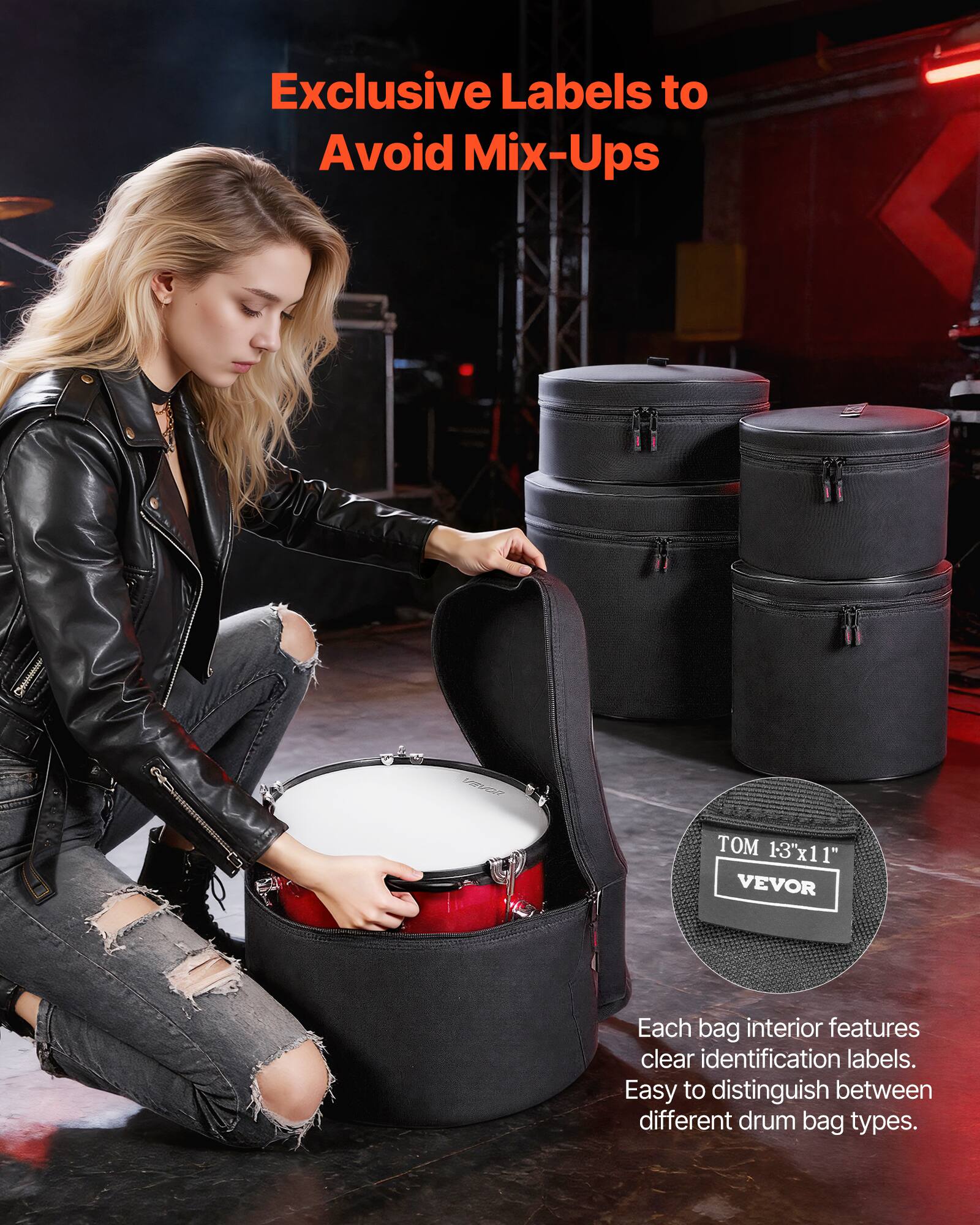 Exclusive Labels to Avoid Mix-Ups

TOM 1-3"x11" 1" VEVOR

Each bag interior features clear identification labels. Easy to distinguish between different drum bag types.