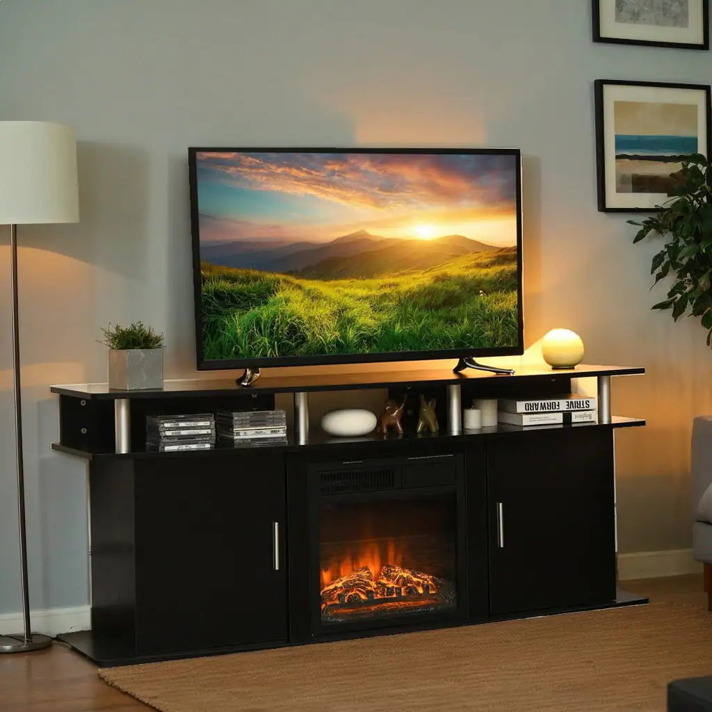 Kadyn - Entertainment Centers,TV Stands,63 Inch TV Entertainment Console Center with 2 Cabinets - Black