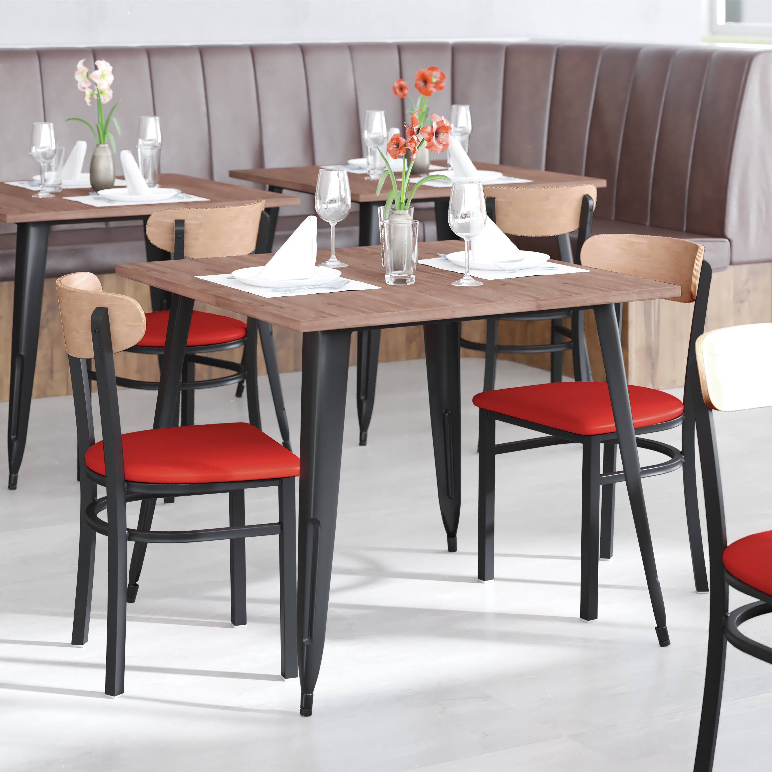 Alt View 4. Emma + Oliver - Yara Industrial Dining Chair with Rolled Steel Frame and Solid Wood Seat - 500 lbs. Static Weight Capacity - Natural Birch Wood Back/Red Vinyl Seat.
